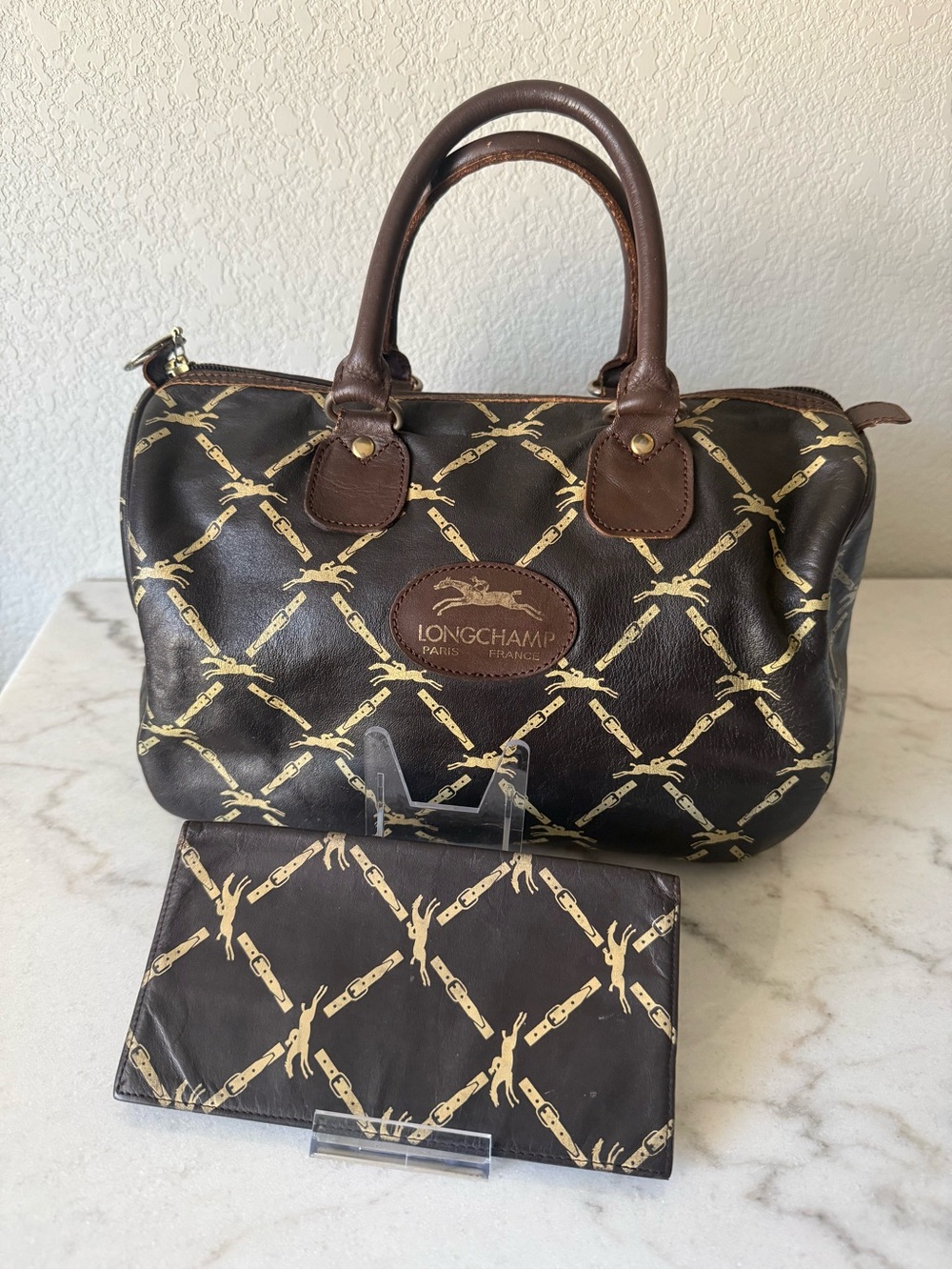 Vintage Longchamp Brown and Gold Monogram Satchel Bag with Long Wallet-GUC!!